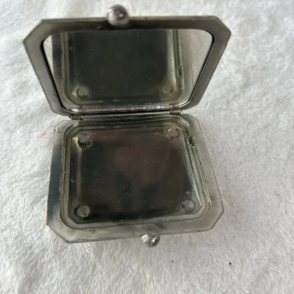Compact Squere shaped Mirror box Antique Silver Tone Metal